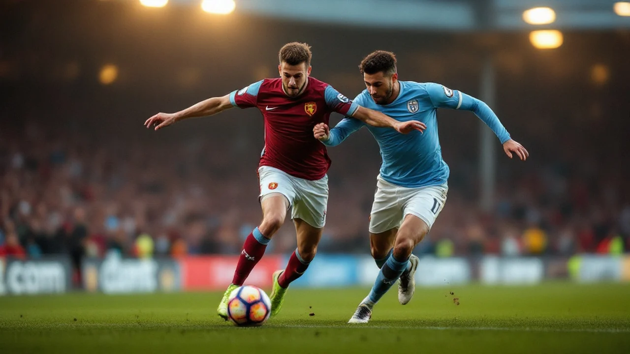 Two players contesting a bouncing ball in a crowded penalty area under floodlights