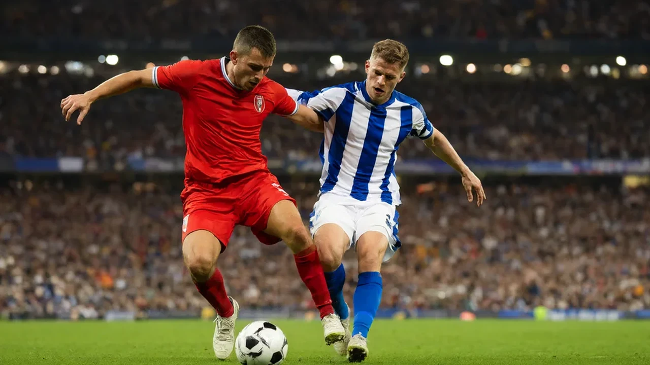 Two Champions League players challenging for the ball in a packed floodlit stadium in Munich