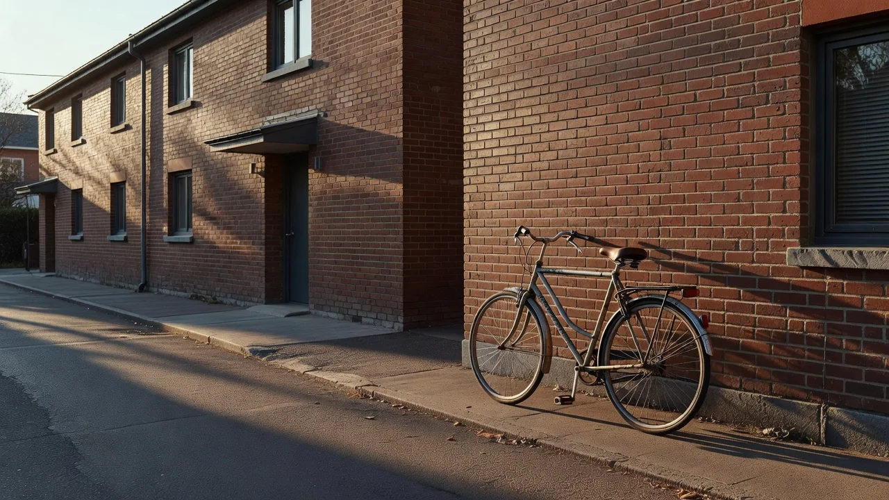 A bicycle parked outside a simple brick hostel building in the morning
