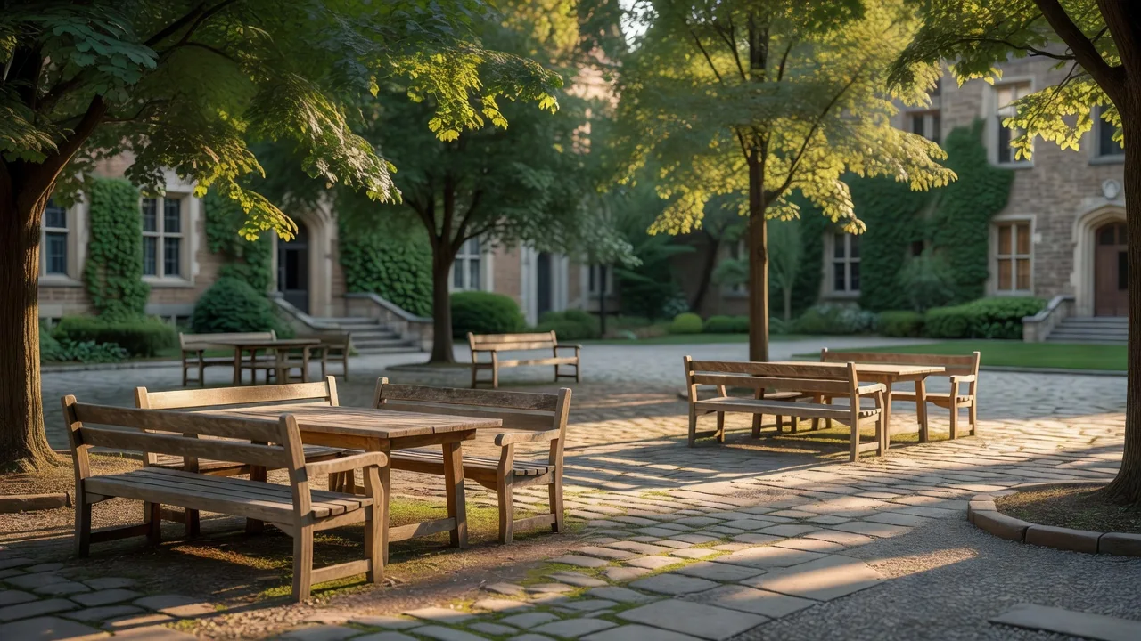 Quiet college courtyard with benches and trees on a polytechnic campus