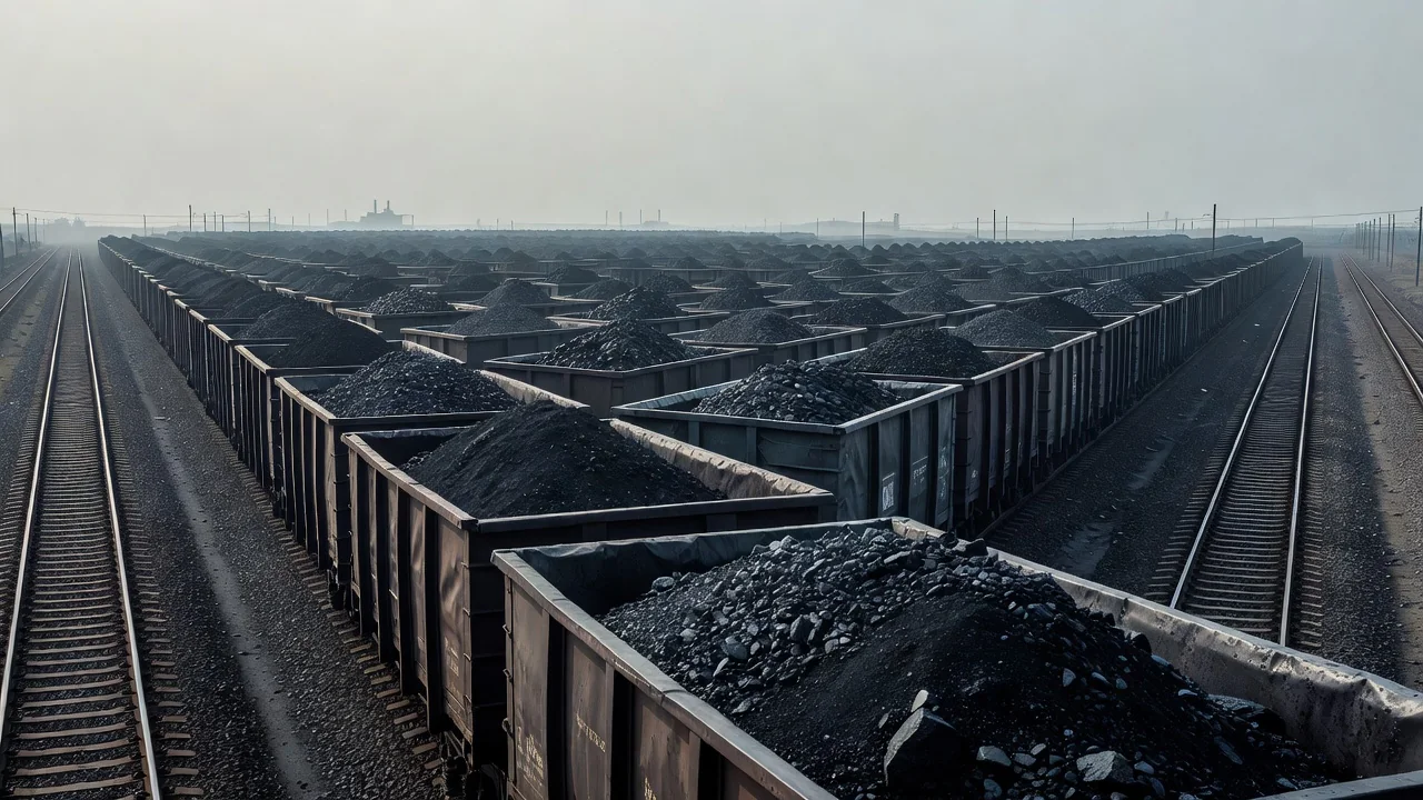 Railway wagons loaded with coal at an industrial siding in haze