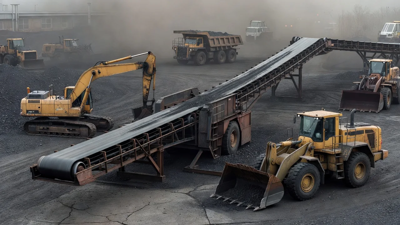 Coal conveyor and heavy machinery in an open industrial workshop yard