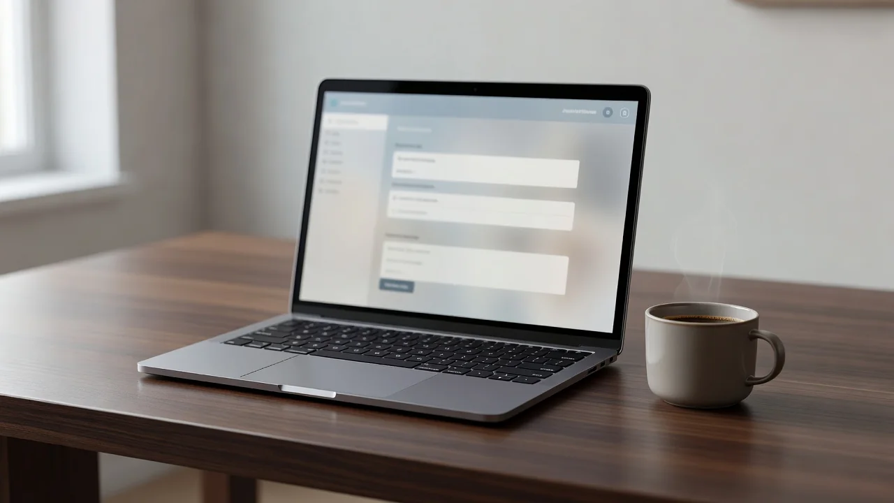 Laptop on a desk showing an abstract online form interface with no readable text