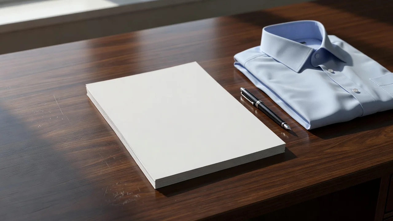 Blank resume papers and a pen on a desk beside a folded formal shirt