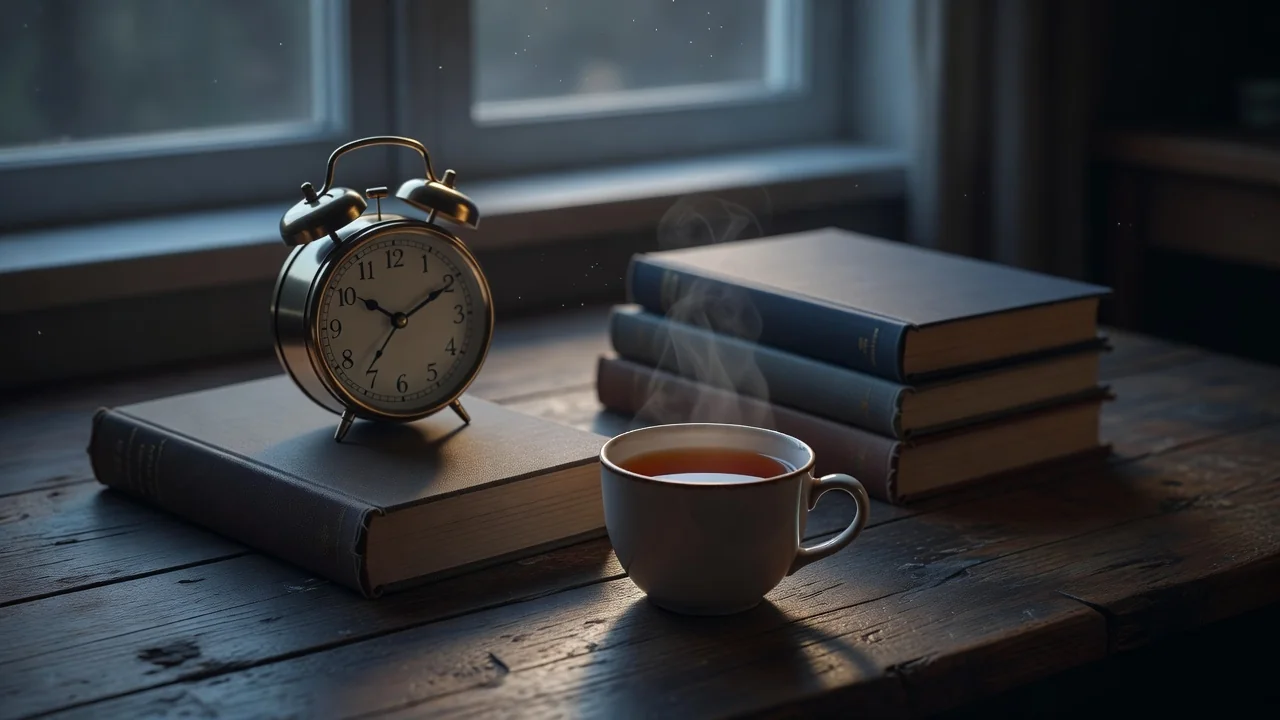 Study desk with an analog alarm clock and stacked books before dawn