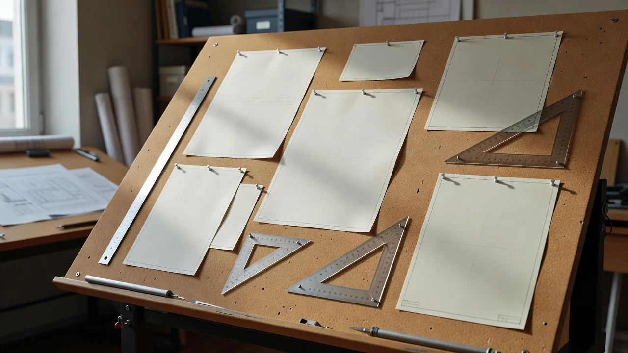 Blank technical drawing sheets pinned on a drafting studio board with rulers