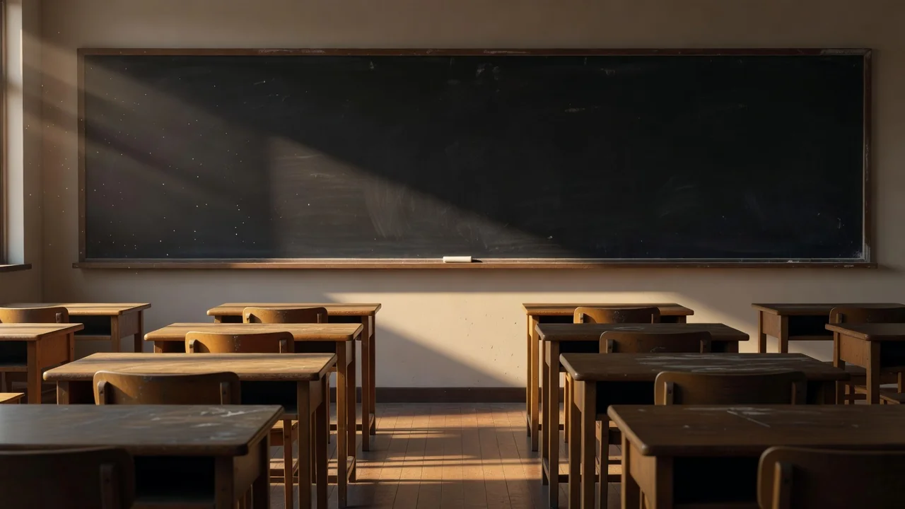 Empty classroom with a clean blackboard and wooden desks in evening light