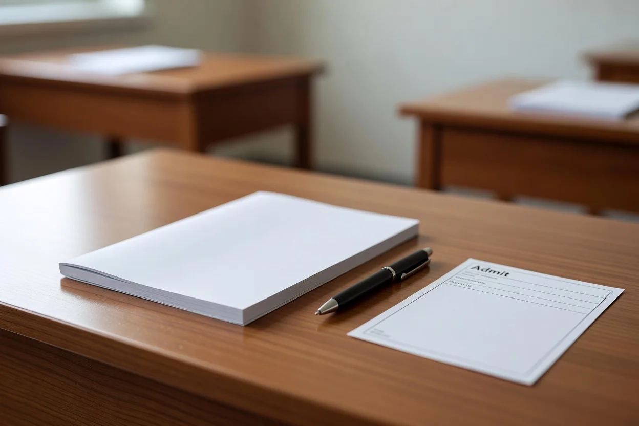 Blank answer booklet, pen and admit card on a wooden examination desk