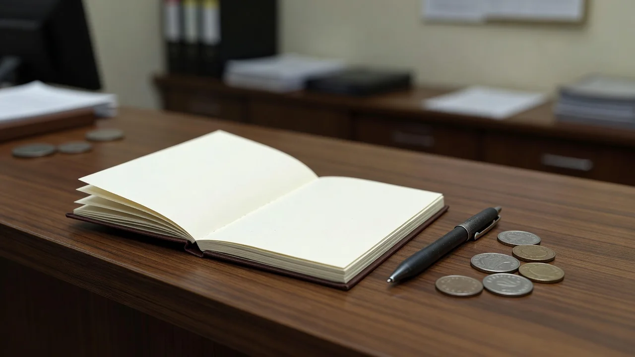 Blank fee receipt book with a pen and coins on an office counter