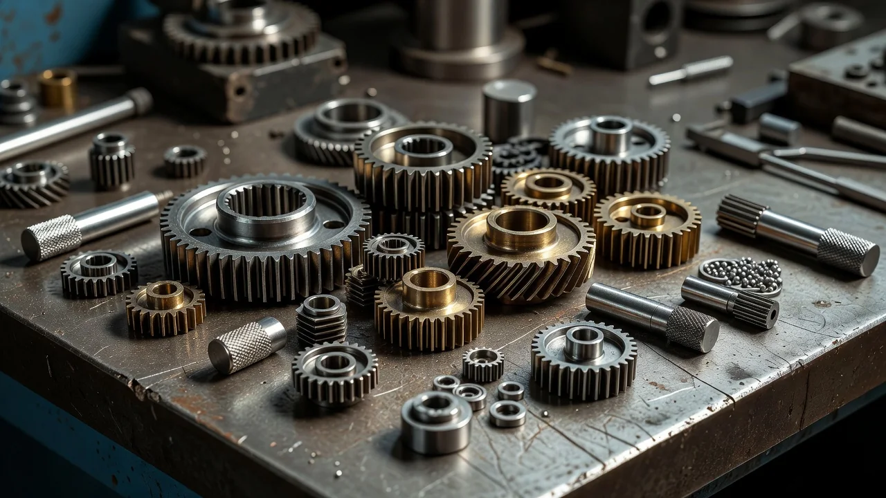 Gear wheels and machine parts arranged on a steel workbench