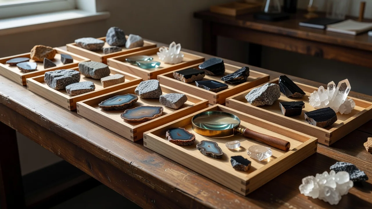 Rock and mineral samples in wooden trays with a magnifying glass on a laboratory bench
