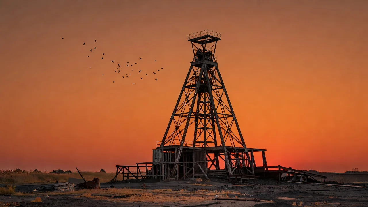 Vintage mining headframe silhouette against an evening sky in the Jharkhand coalfield