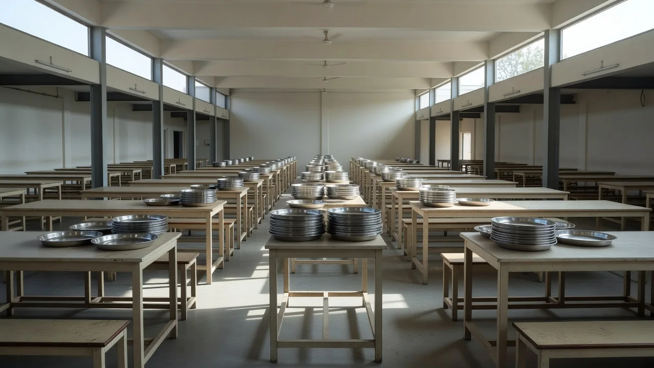 Empty dining hall of a college mess with long tables and stacked steel plates