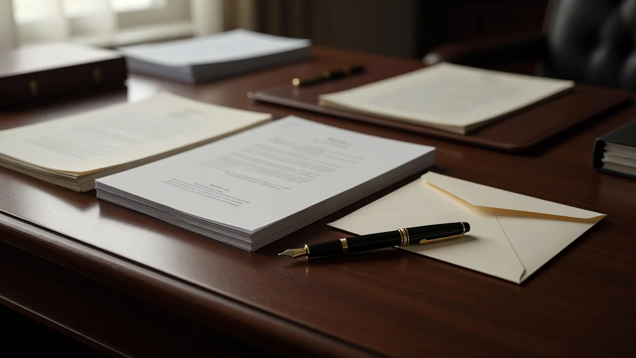 Blank marksheet paper and sealed envelope with a fountain pen on an office desk