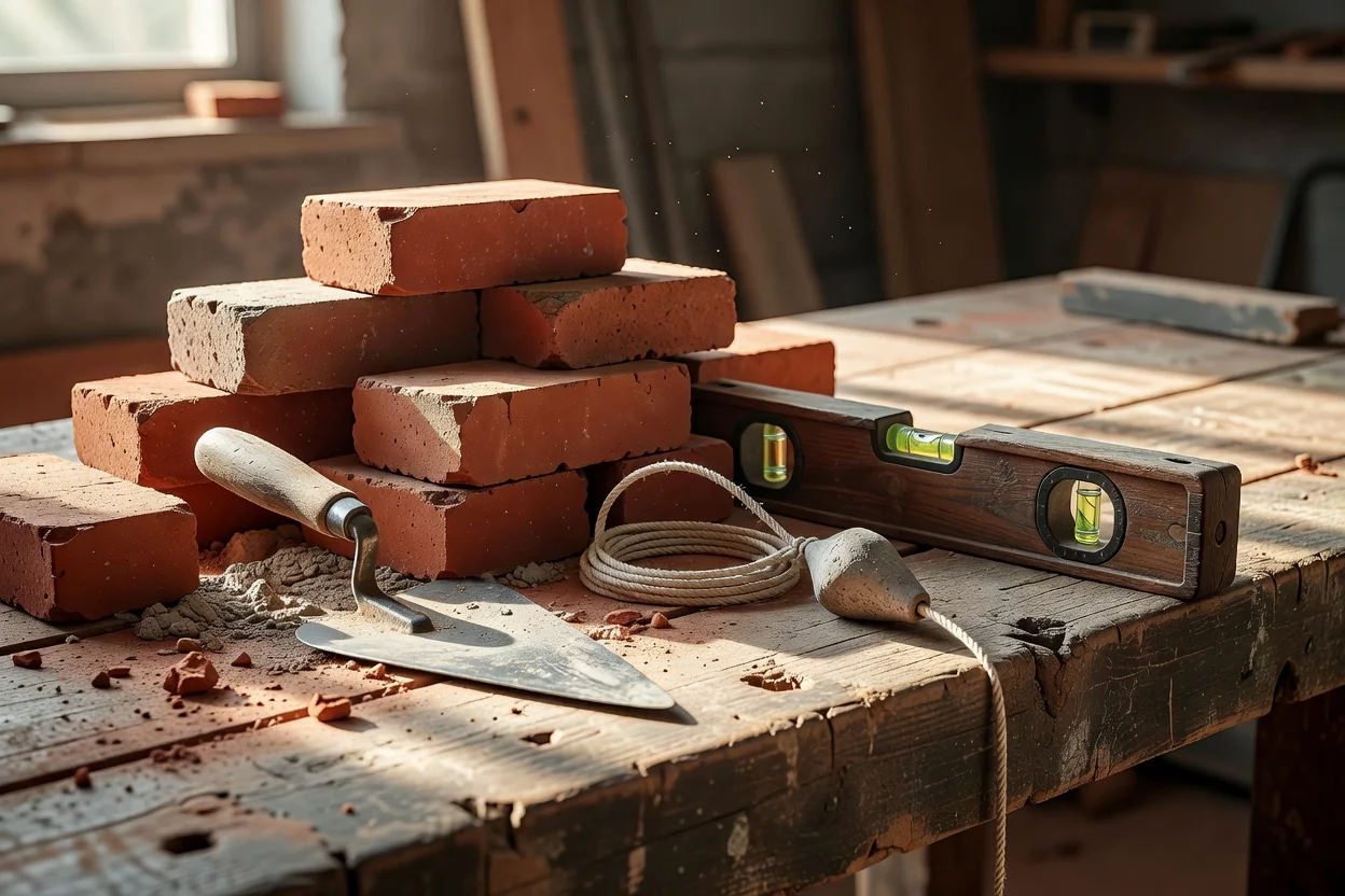 Bricks, trowel, plumb line and spirit level on a construction workbench