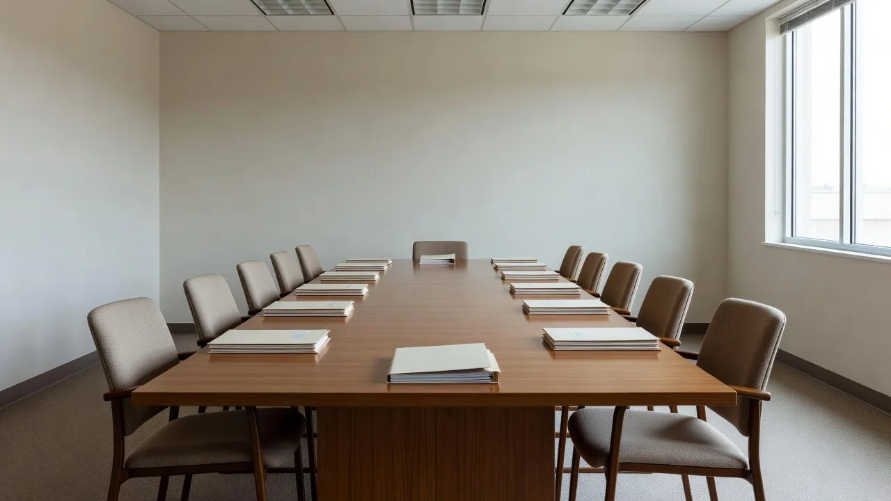 Meeting room with a long table, chairs and blank file folders in a government office