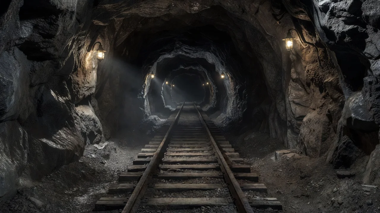 Underground mine entrance tunnel with rail tracks and small lamps