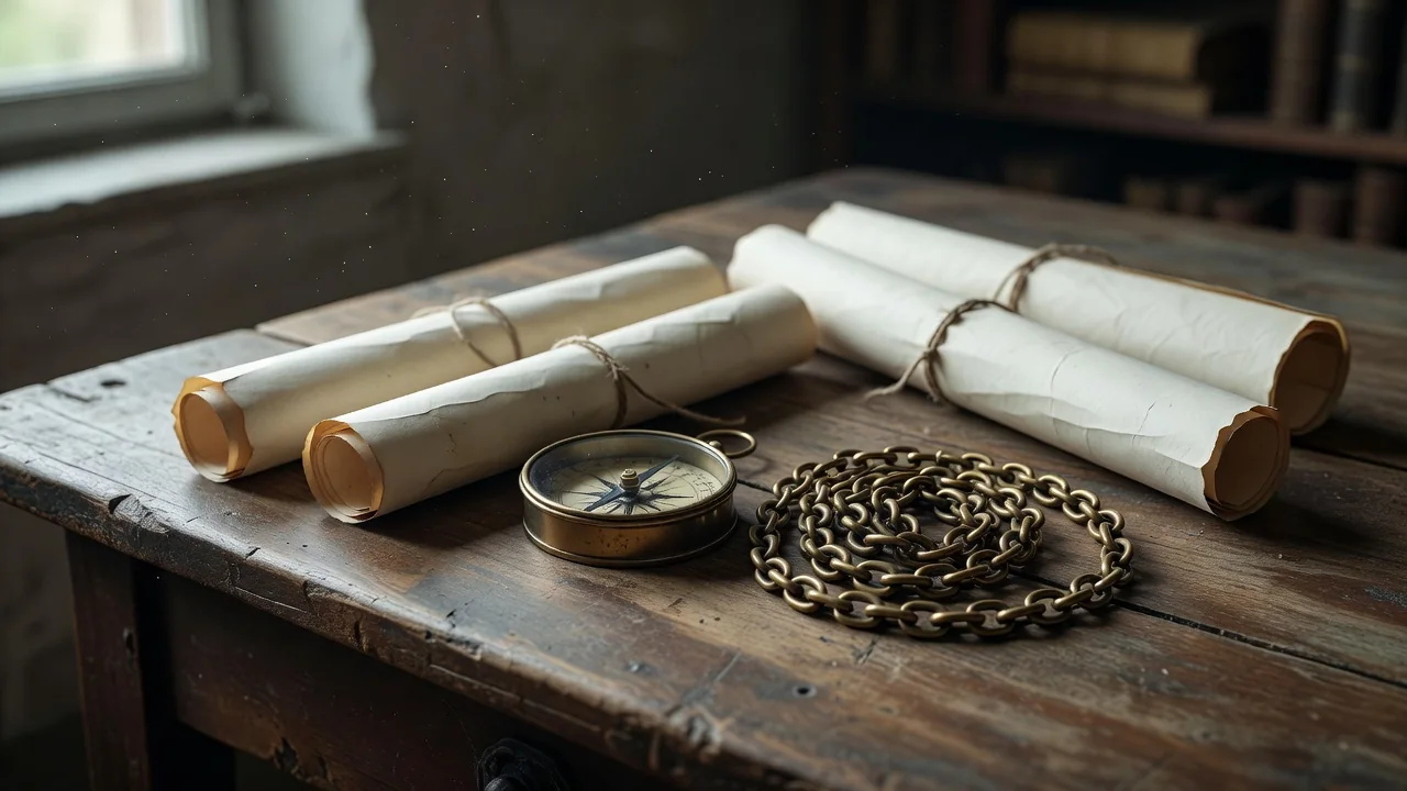Rolled blank paper scrolls, brass compass and measuring chain on an old wooden table