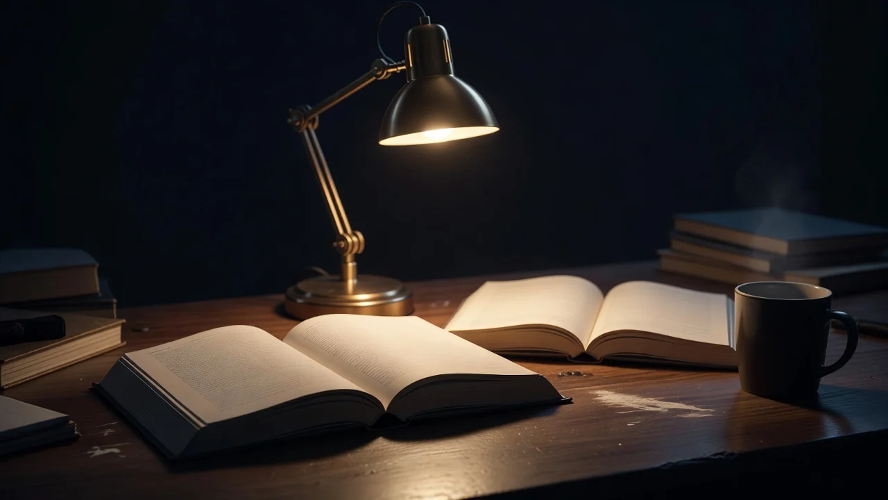 Desk lamp over open textbooks during late night study