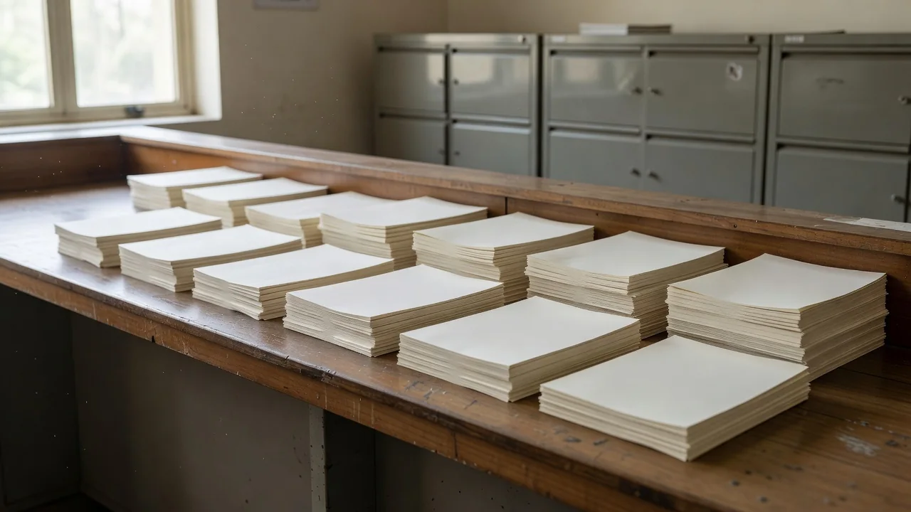 Blank forms stacked on an administrative office counter