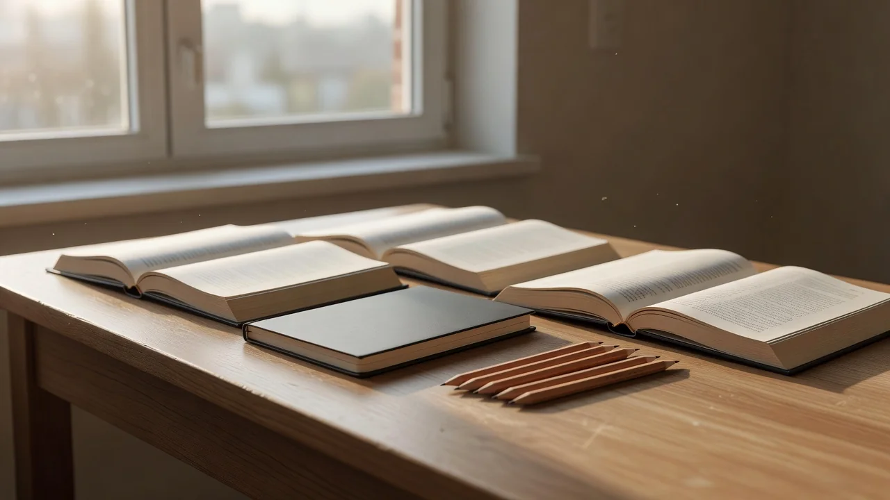 Desk with open textbooks, notebook and pens prepared for an entrance examination