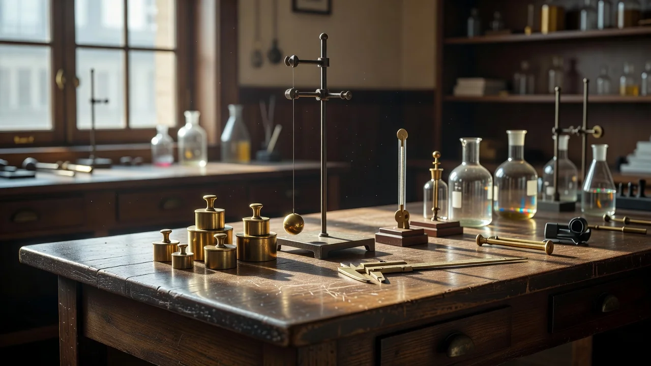 Physics laboratory bench with measuring instruments, brass weights and a pendulum