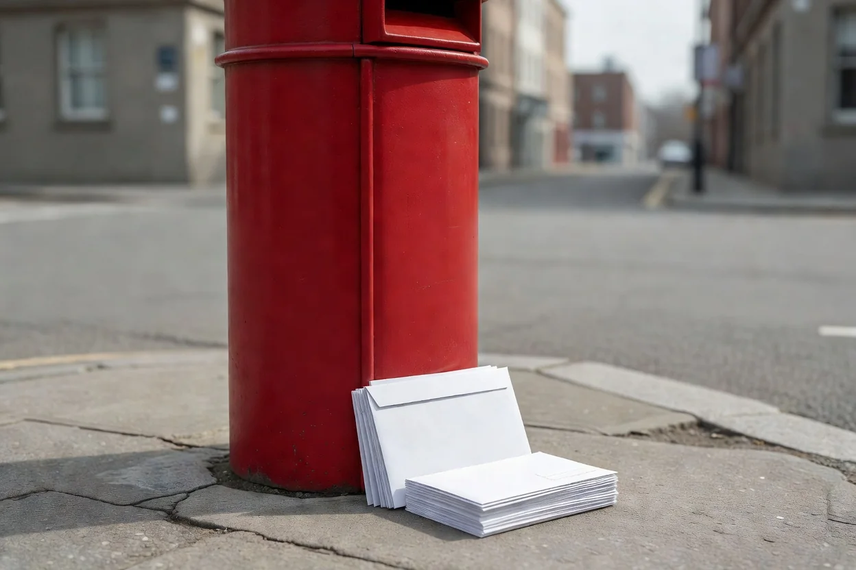 Red Indian post box with envelopes on a quiet street corner