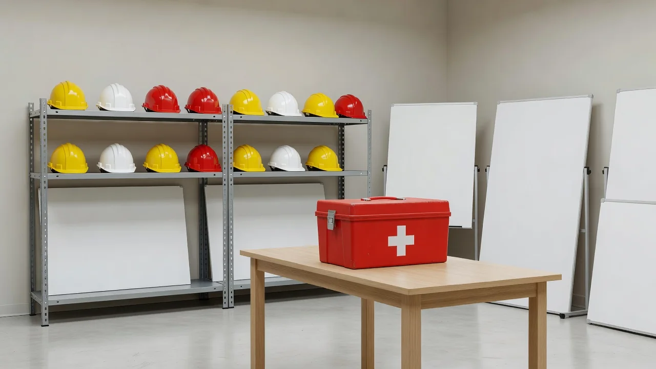 Safety helmets on a shelf and a first aid box in a training room