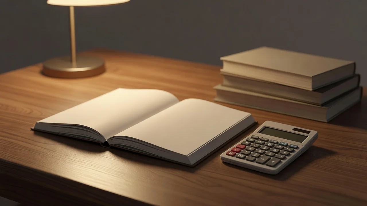 Student notebook, calculator and stacked books on a wooden desk in warm light