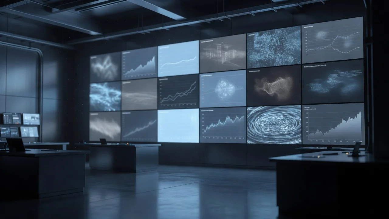 Modern industrial control room with large monitoring screens showing abstract mining data visualisations, no people