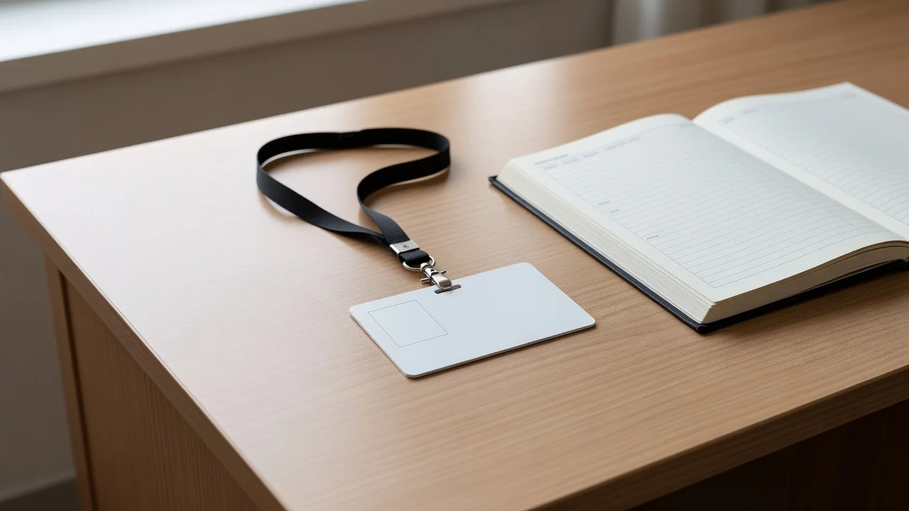 Blank student identity card with lanyard beside an open attendance register