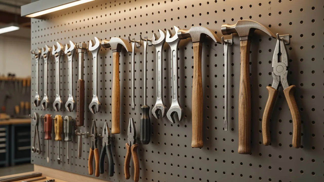 Hand tools arranged on a pegboard in a training workshop