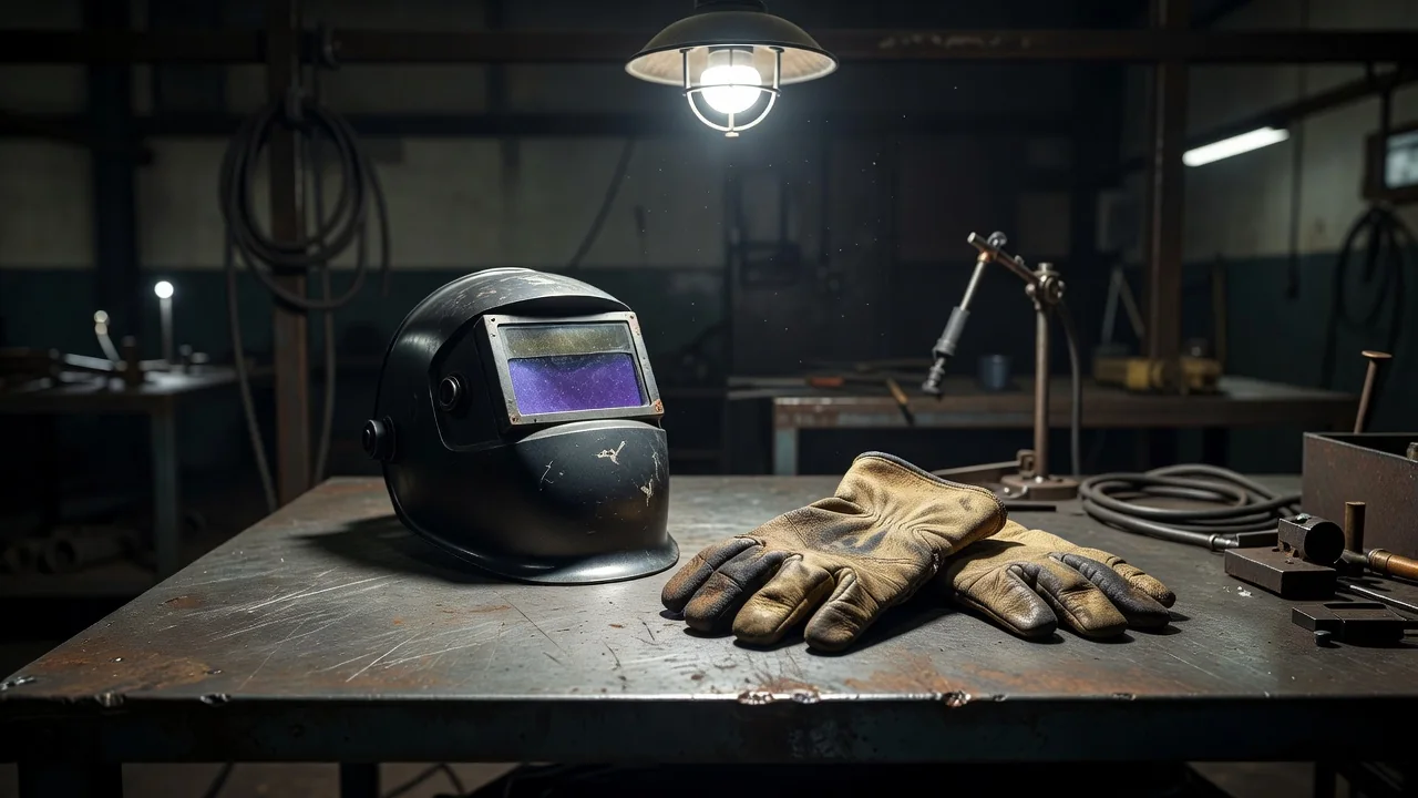 Welding mask and protective gloves on a metal workbench in a training workshop
