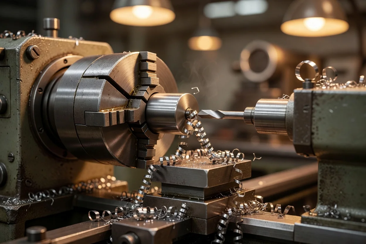 Engineering workshop with a lathe machine and tools in a polytechnic training shop
