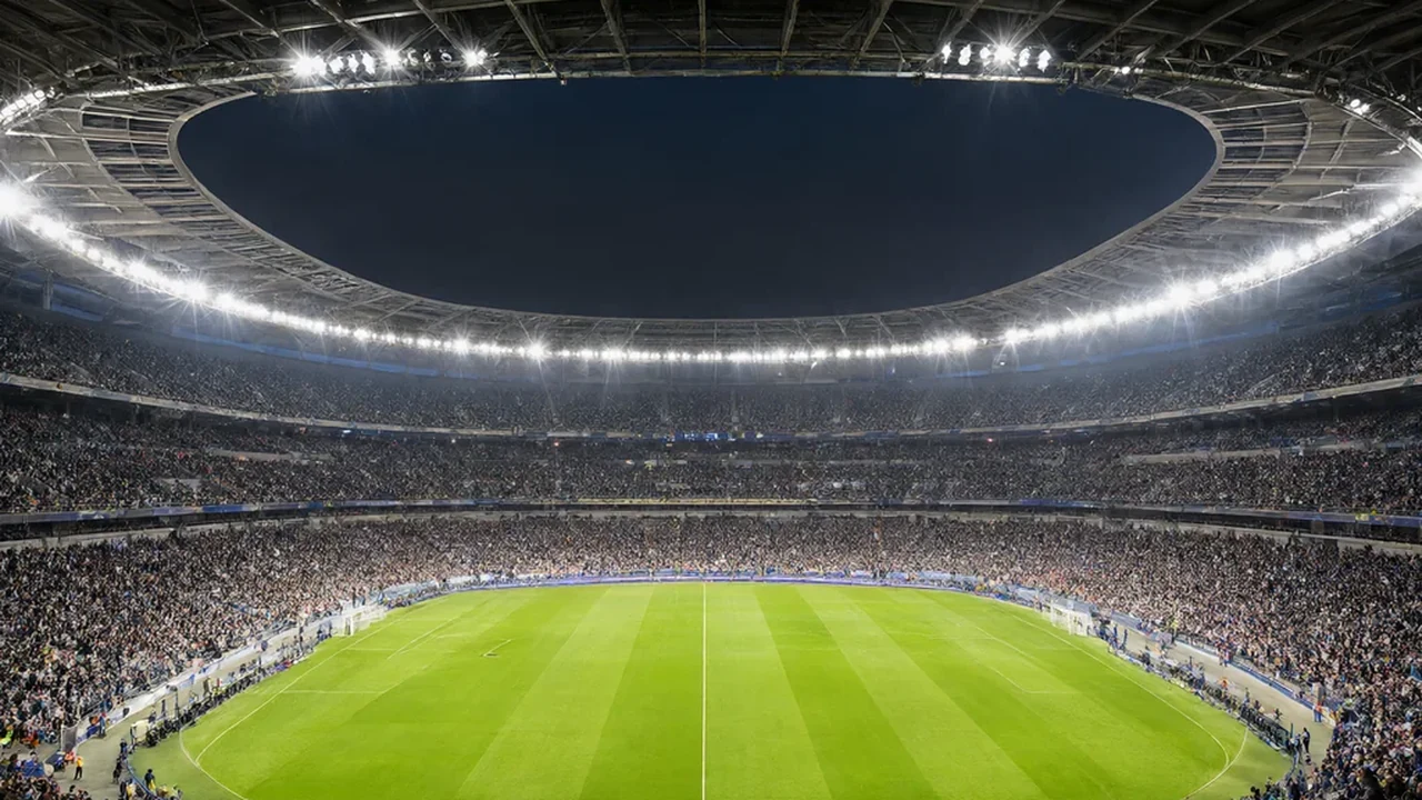 Champions League ball on the centre spot under stadium floodlights
