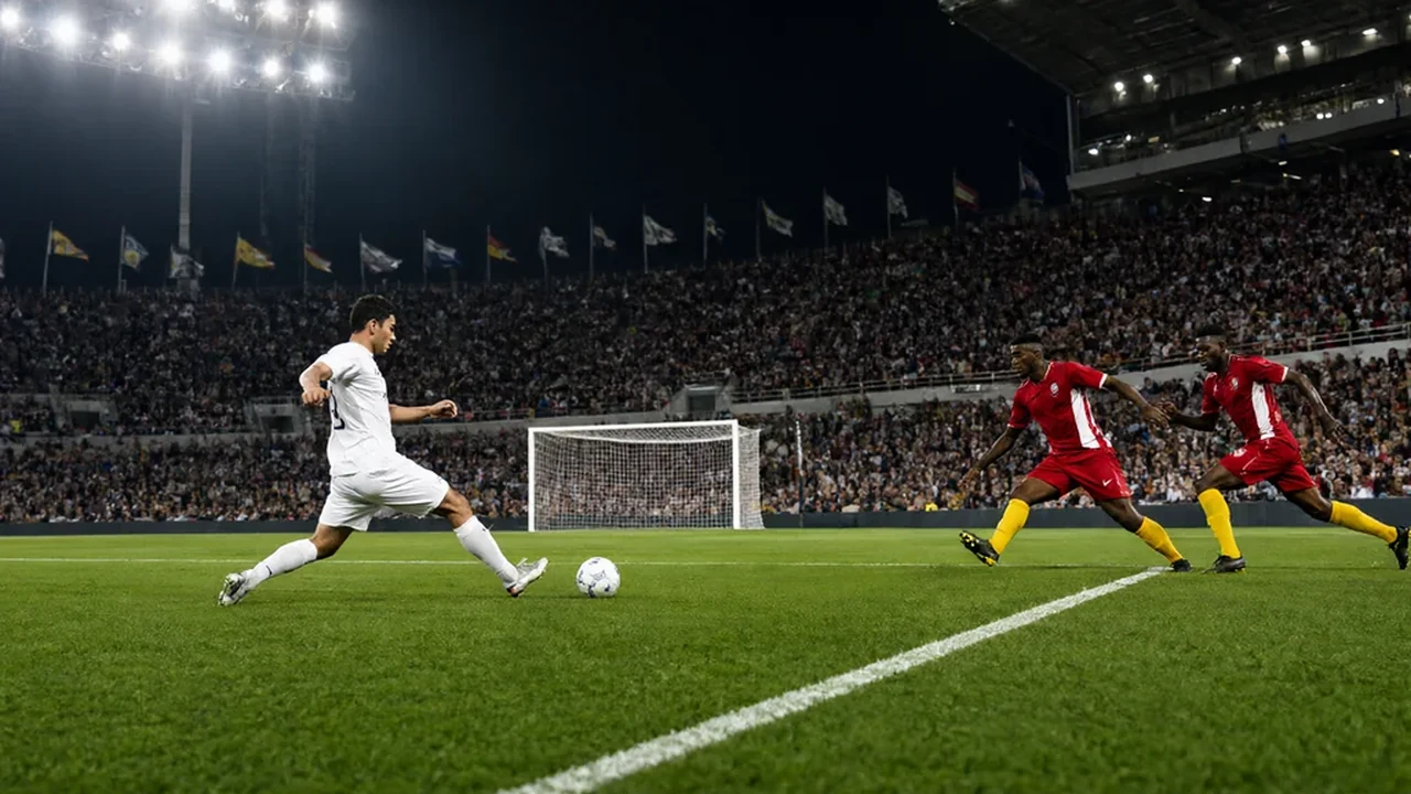 A striker shooting from distance under floodlights as defenders lunge to block