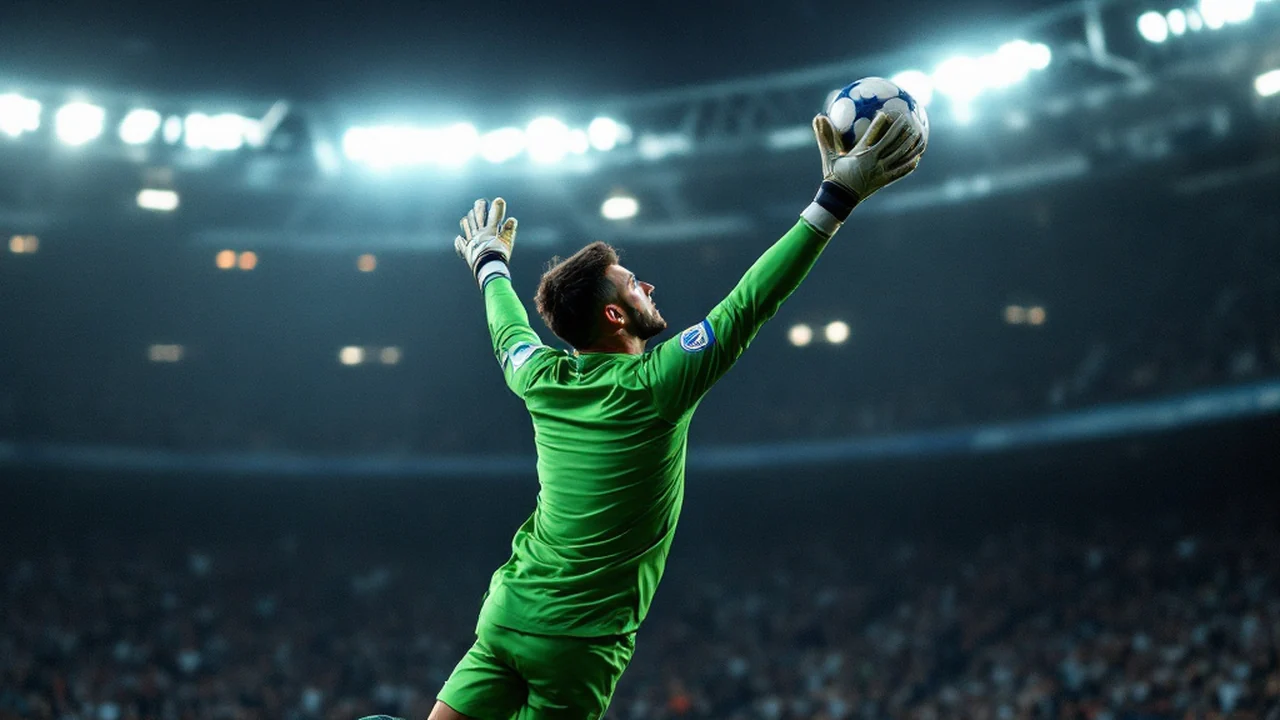 A goalkeeper diving to his right to push away a shot during a night match