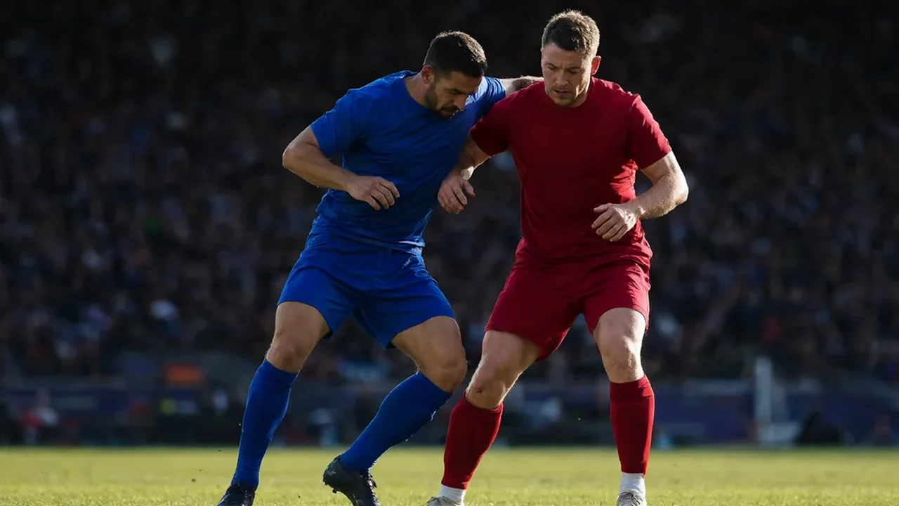 Two players in blue and red shirts contesting the ball in front of a packed stand in afternoon light