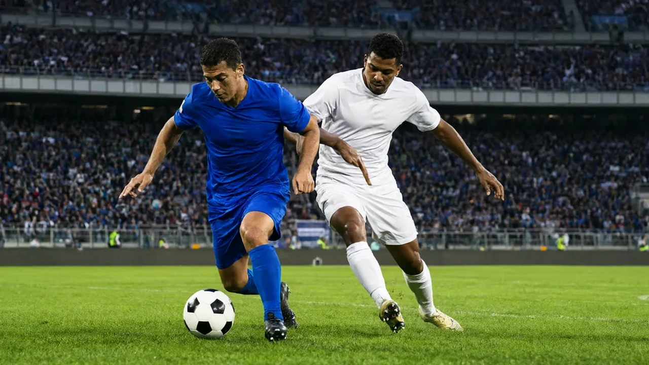 A Serie A attacker dribbling past a defender in a crowded stadium in Como
