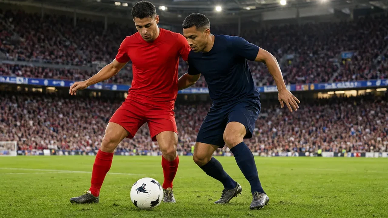 Two players in red and navy contesting the ball in a packed stadium under floodlights