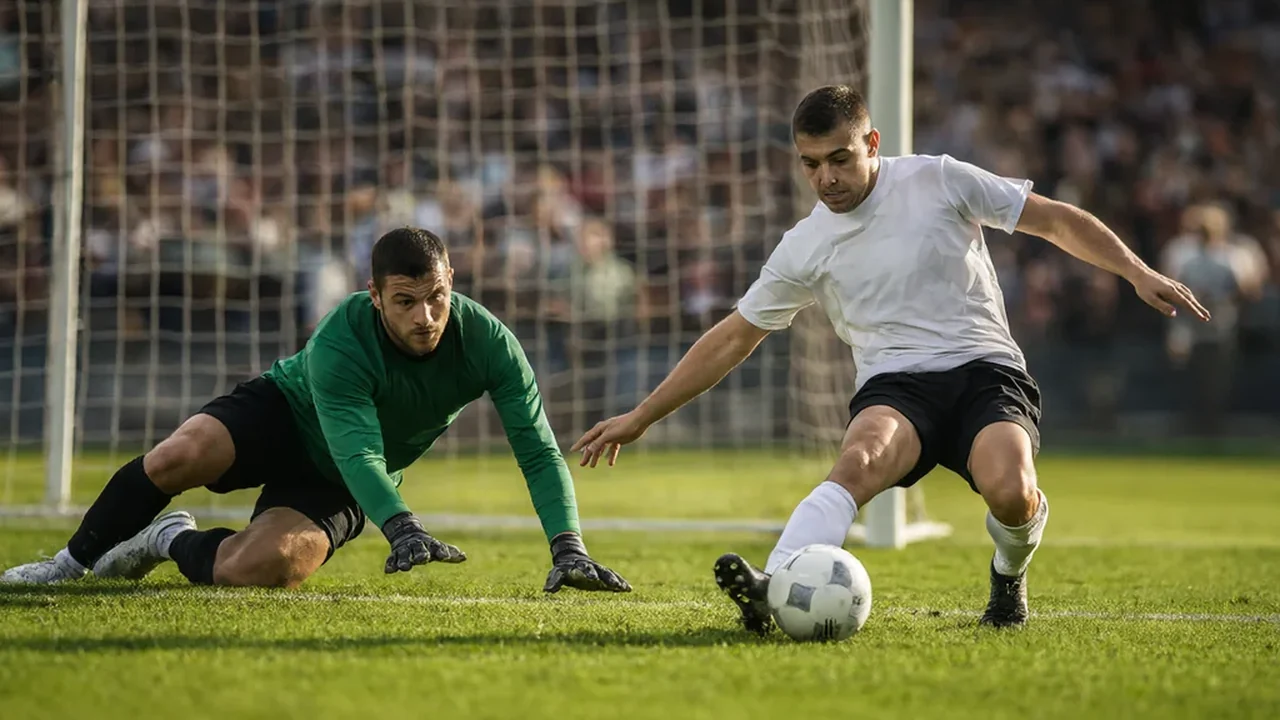 A goalkeeper in green diving to smother the ball at the feet of an attacker in white
