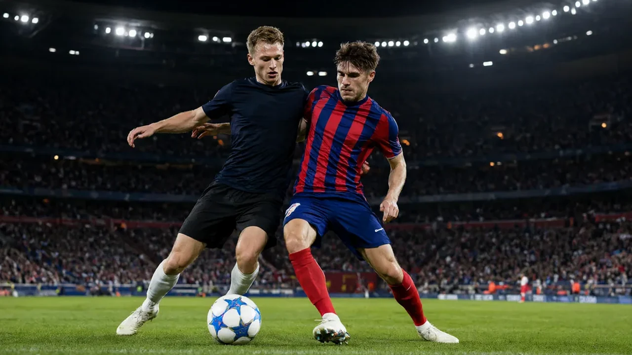 Two Champions League players contesting the ball in a packed floodlit stadium in Paris