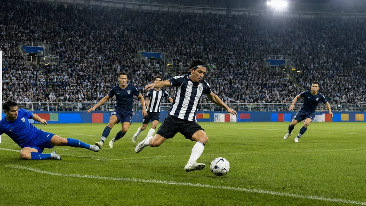 A striker shooting through a crowded penalty area at night